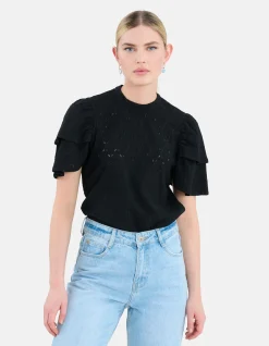 Shoeby Ajour Ruffle Top Zwart<DAMES Tops