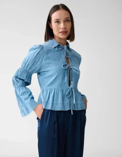 Shoeby Denim Bow Blouse Blauw<DAMES Blouses