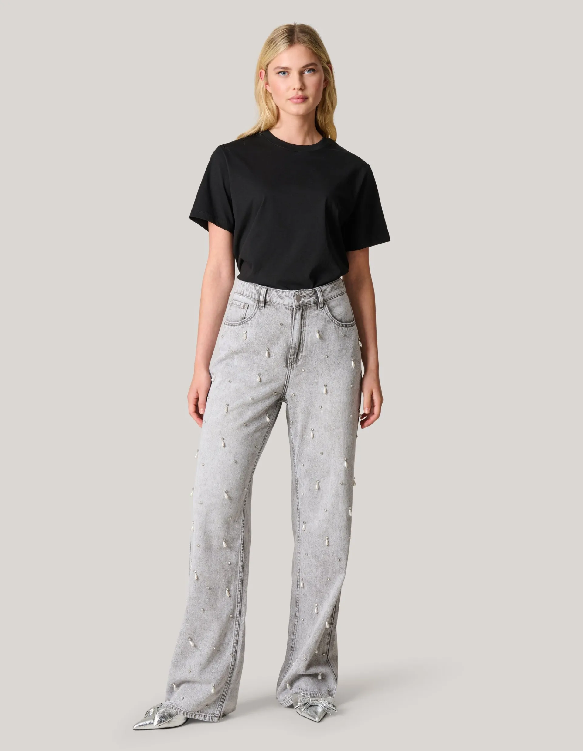 Shoeby Embellished Straight Fit Jeans Lichtgrijs<DAMES Jeans
