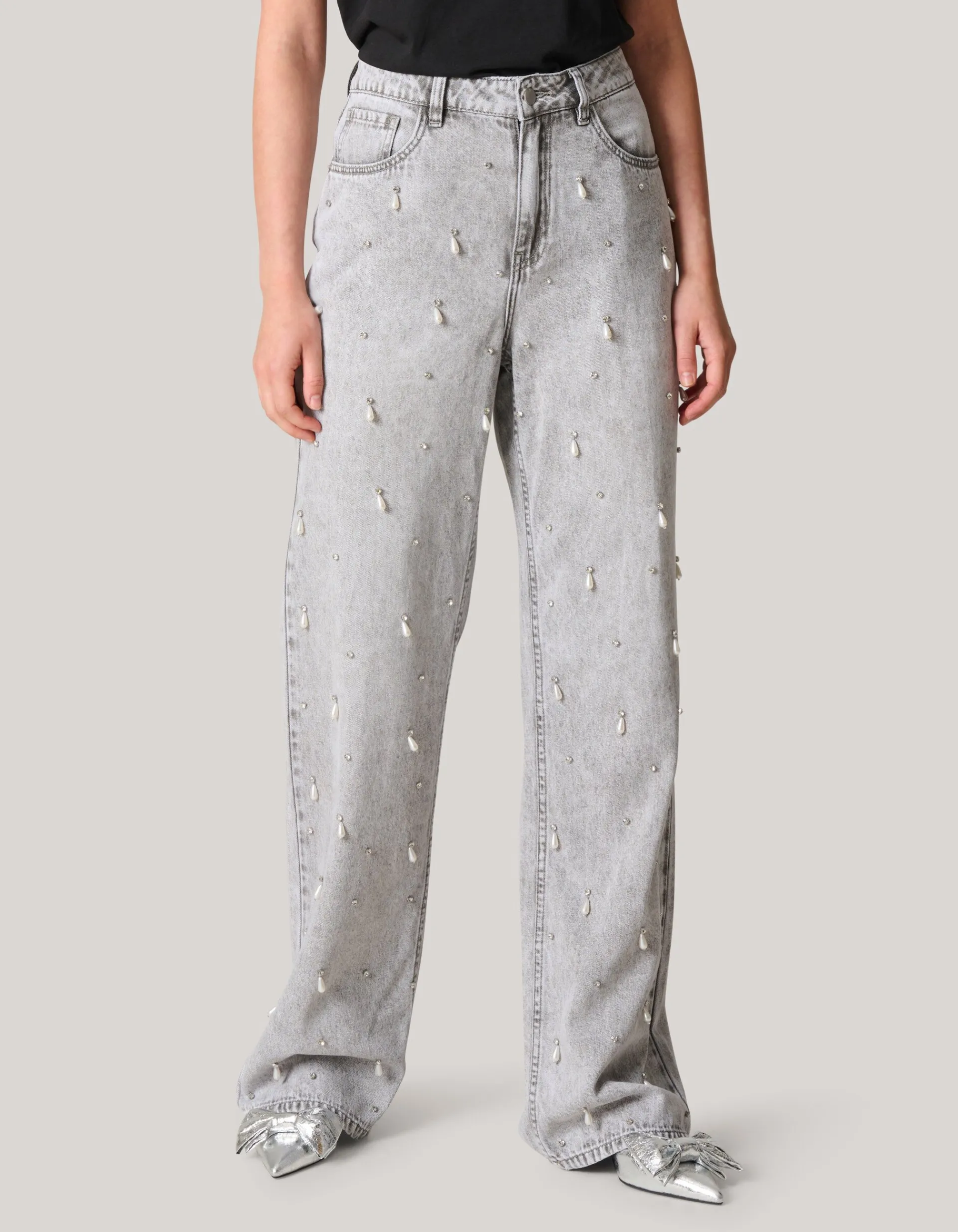 Shoeby Embellished Straight Fit Jeans Lichtgrijs<DAMES Jeans