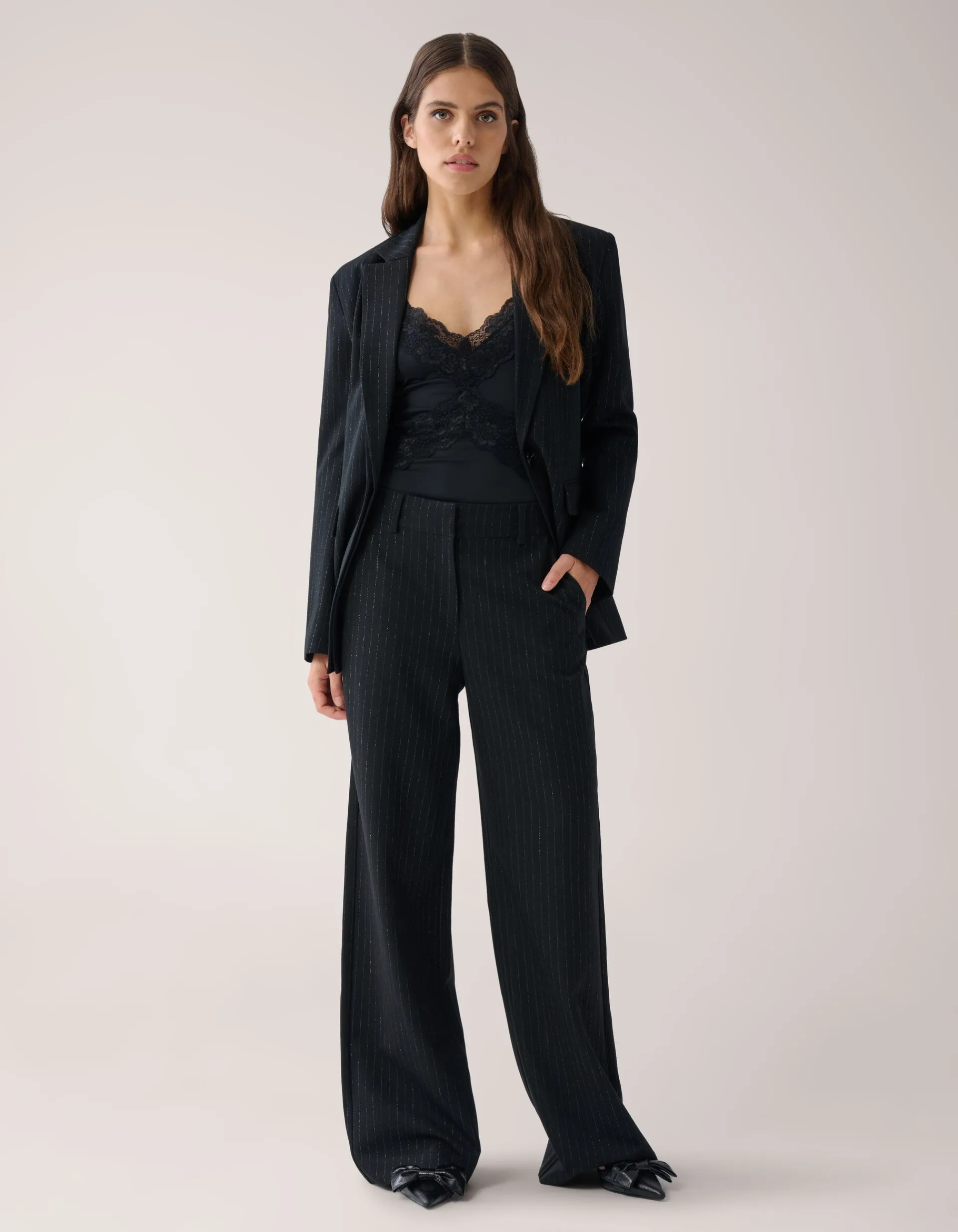 Shoeby Lurex Pinstripe Wide Leg Pantalon Zwart By Mieke<DAMES Broeken