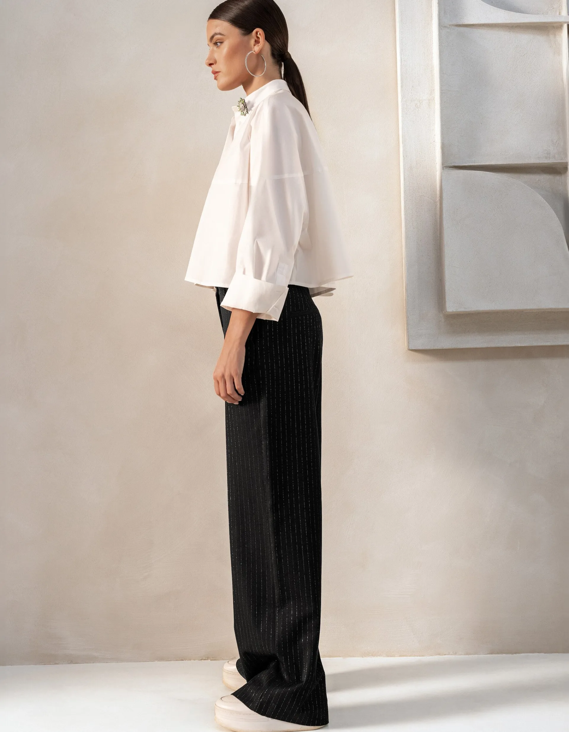 Shoeby Lurex Pinstripe Wide Leg Pantalon Zwart By Mieke<DAMES Broeken
