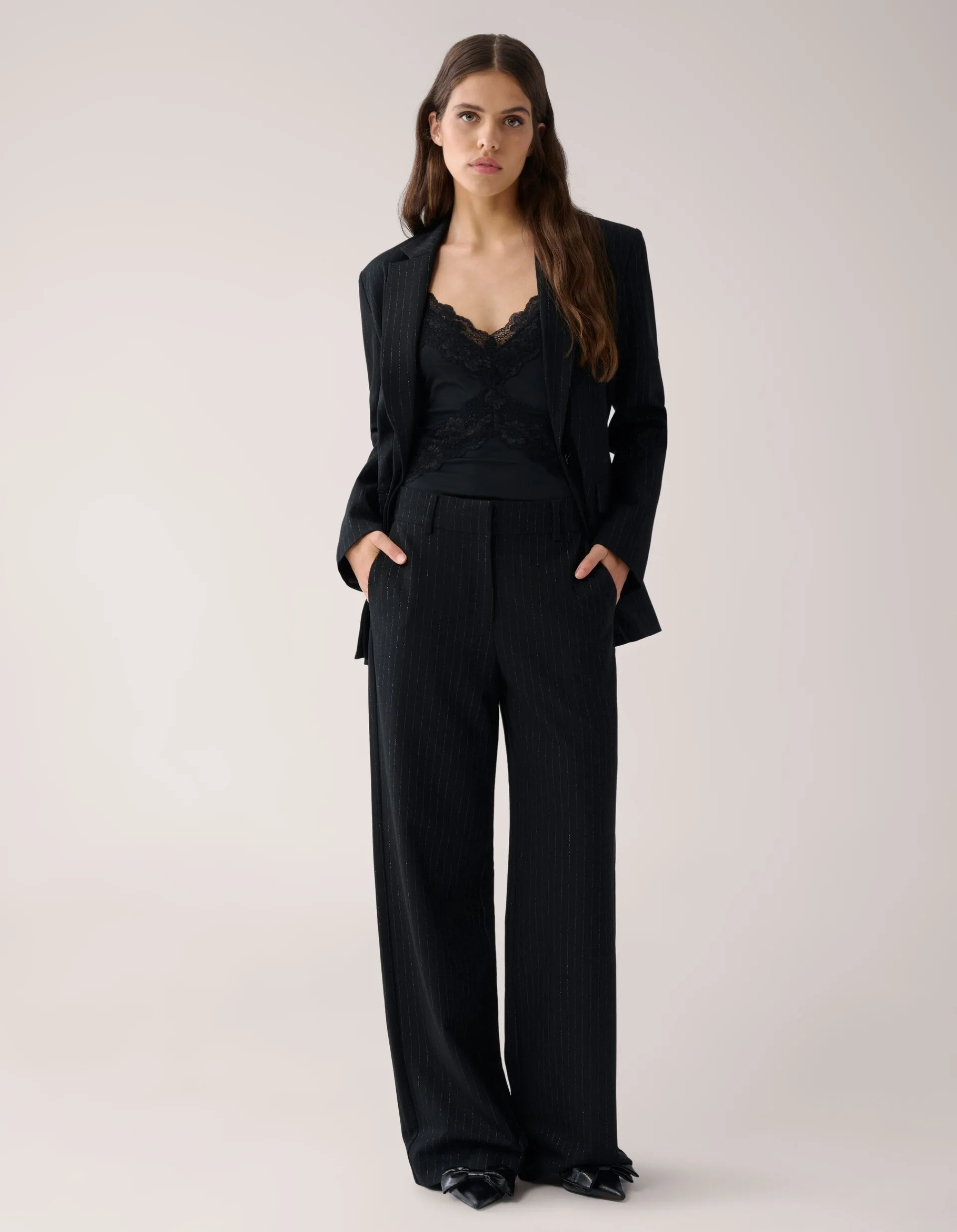 Shoeby Lurex Pinstripe Wide Leg Pantalon Zwart By Mieke<DAMES Broeken