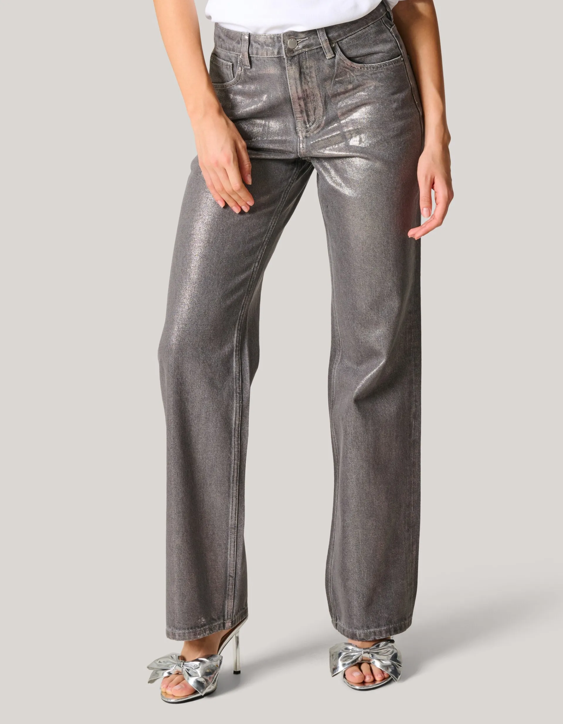 Shoeby Metallic Wide Leg Jeans Donkergrijs<DAMES Jeans