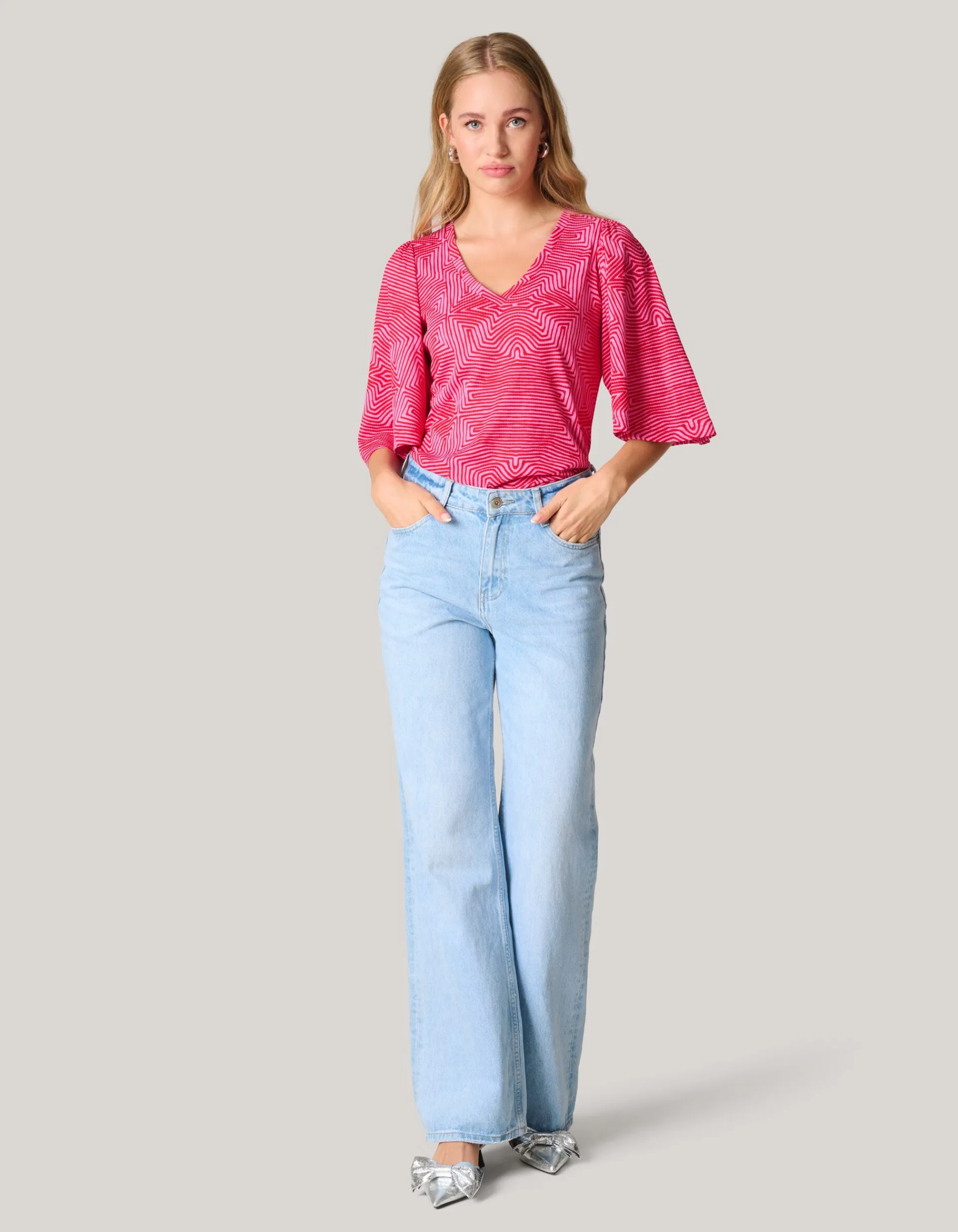 Shoeby Printed Rib Jersey Ruffle Top Roze<DAMES Tops