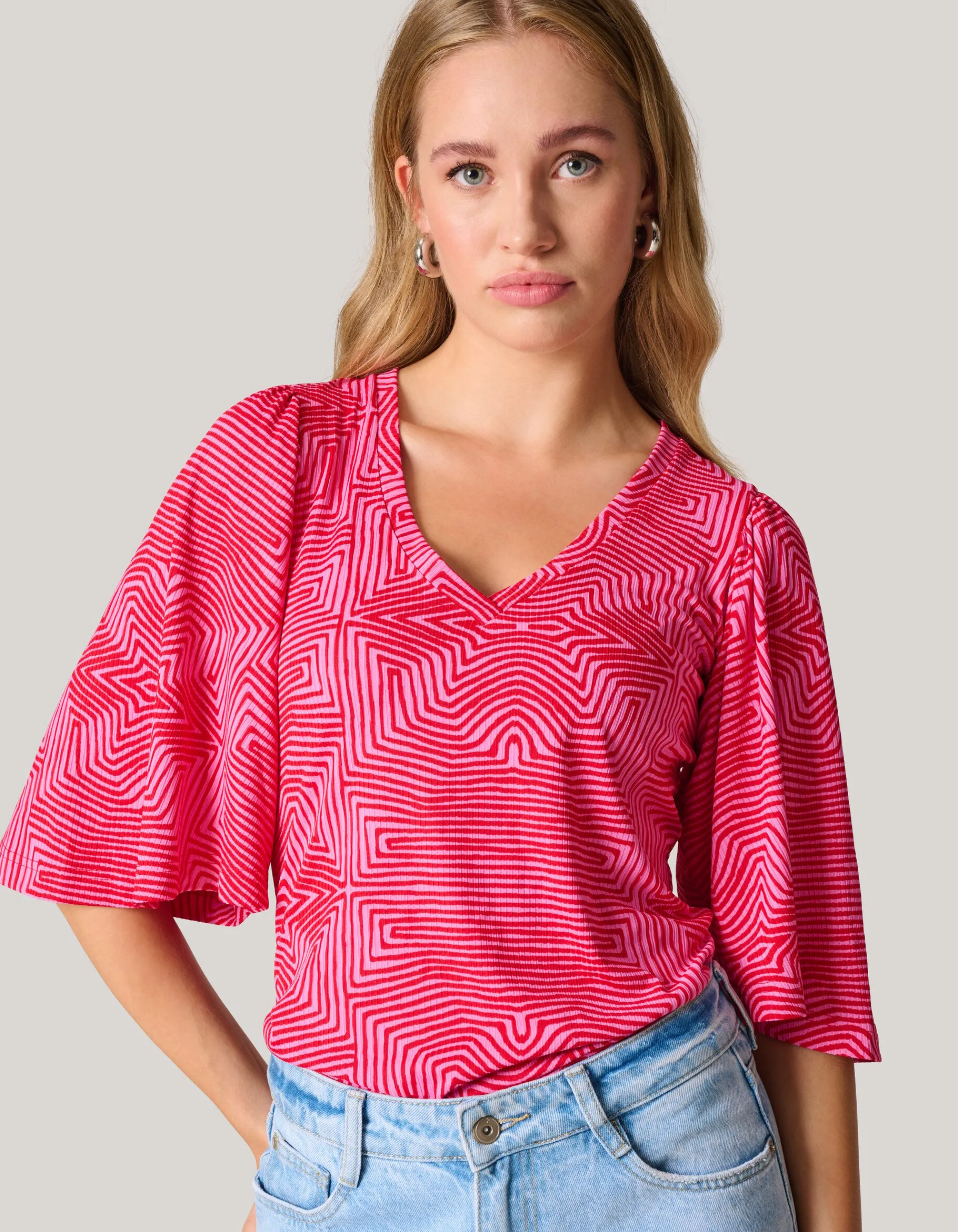 Shoeby Printed Rib Jersey Ruffle Top Roze<DAMES Tops