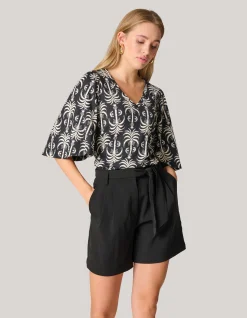 Shoeby Printed Rib Jersey Ruffle Top Zwart<DAMES Tops