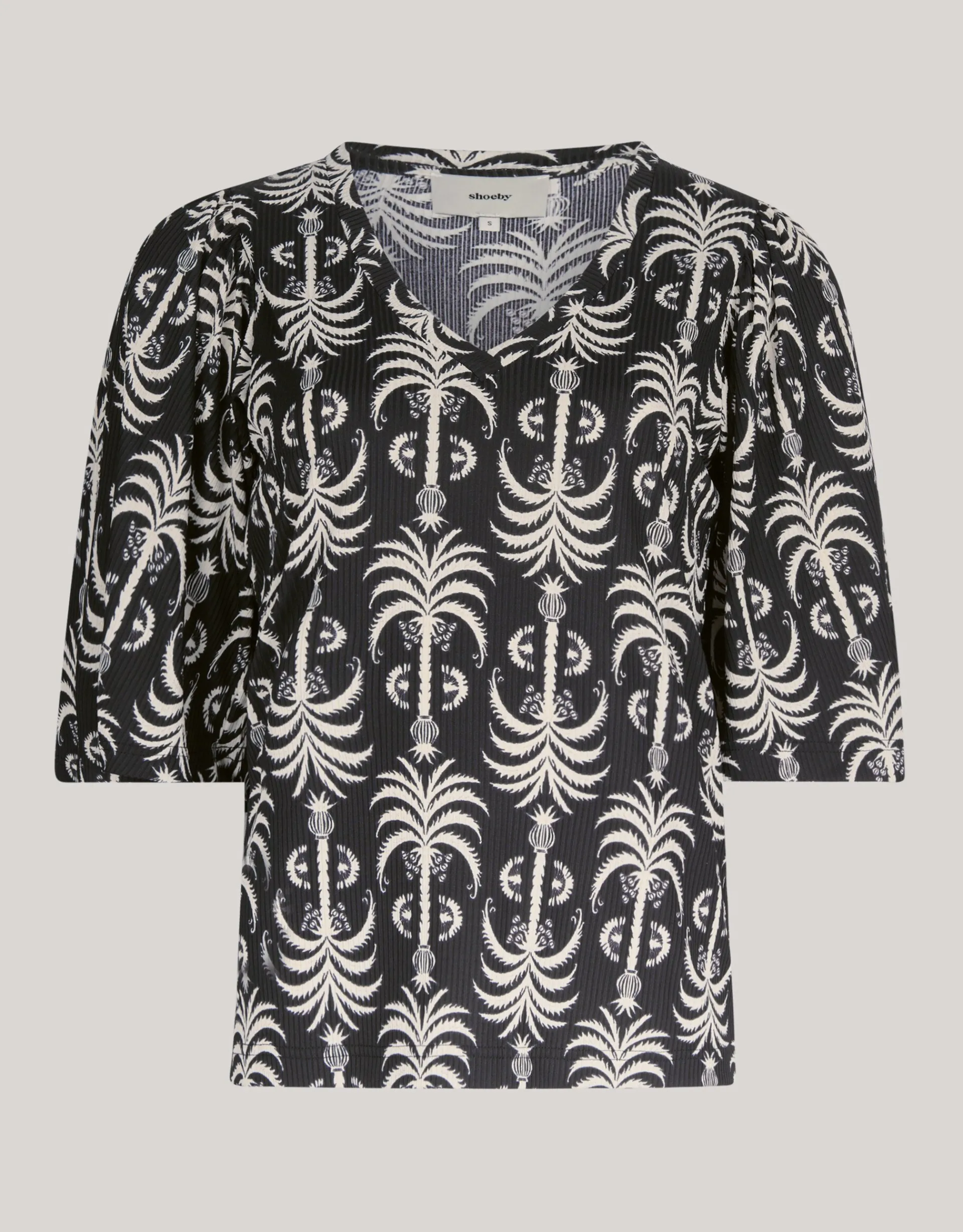 Shoeby Printed Rib Jersey Ruffle Top Zwart<DAMES Tops
