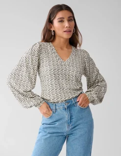 Shoeby Printed Rib Jersey Top Gebroken Wit<DAMES Tops