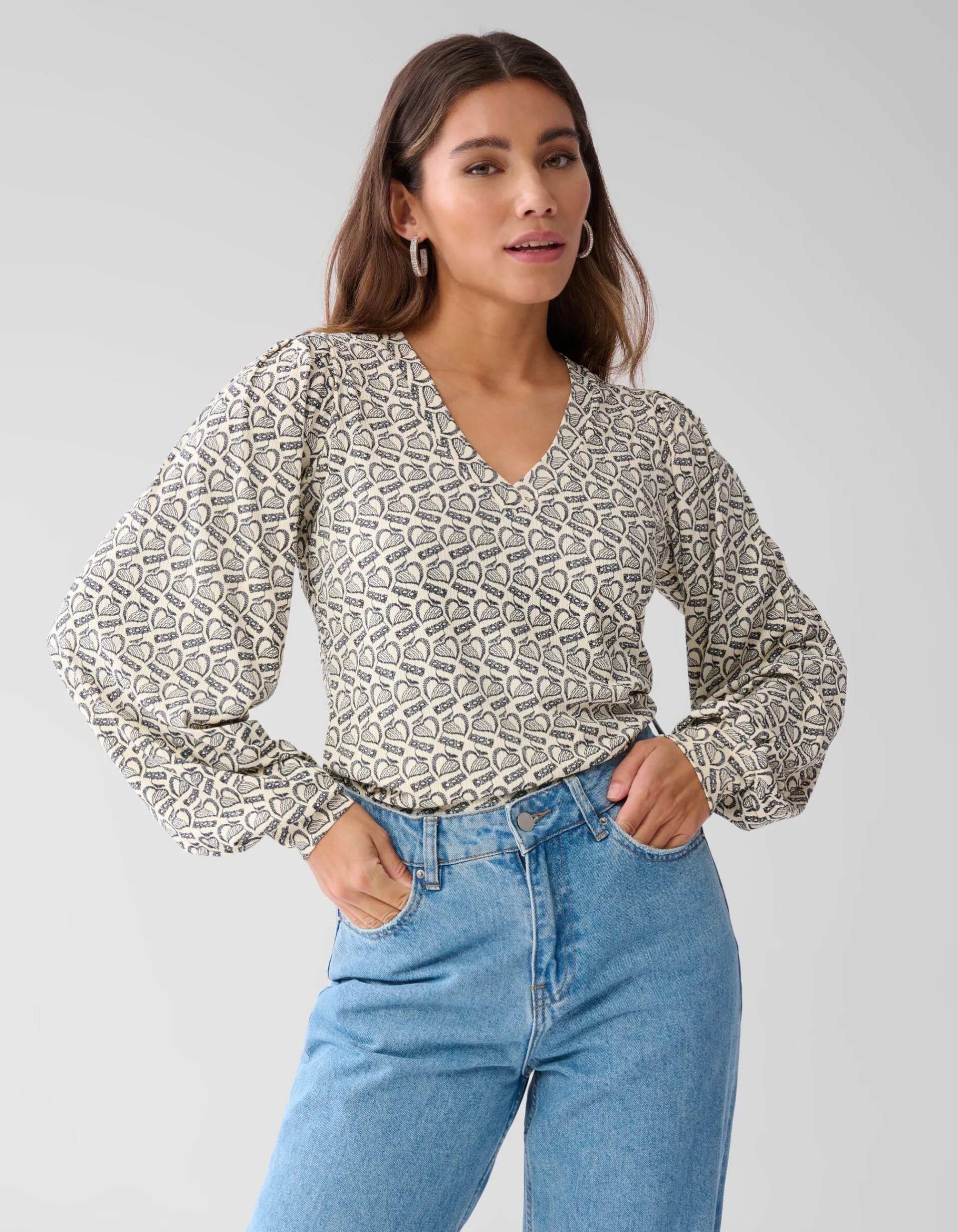 Shoeby Printed Rib Jersey Top Gebroken Wit<DAMES Tops