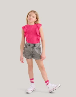 Shoeby Ruffle Rib Top Roze< Tops Korte Mouw