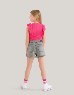 Shoeby Ruffle Rib Top Roze< Tops Korte Mouw