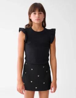Shoeby Ruffle Rib Top Zwart< Tops Korte Mouw