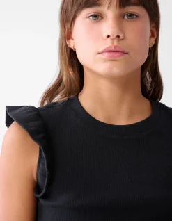 Shoeby Ruffle Rib Top Zwart< Tops Korte Mouw