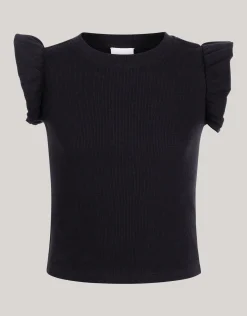 Shoeby Ruffle Rib Top Zwart< Tops Korte Mouw