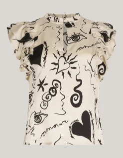 Shoeby Satijnen Printed Ruffle Top Gebroken Wit<DAMES Tops|Blouses