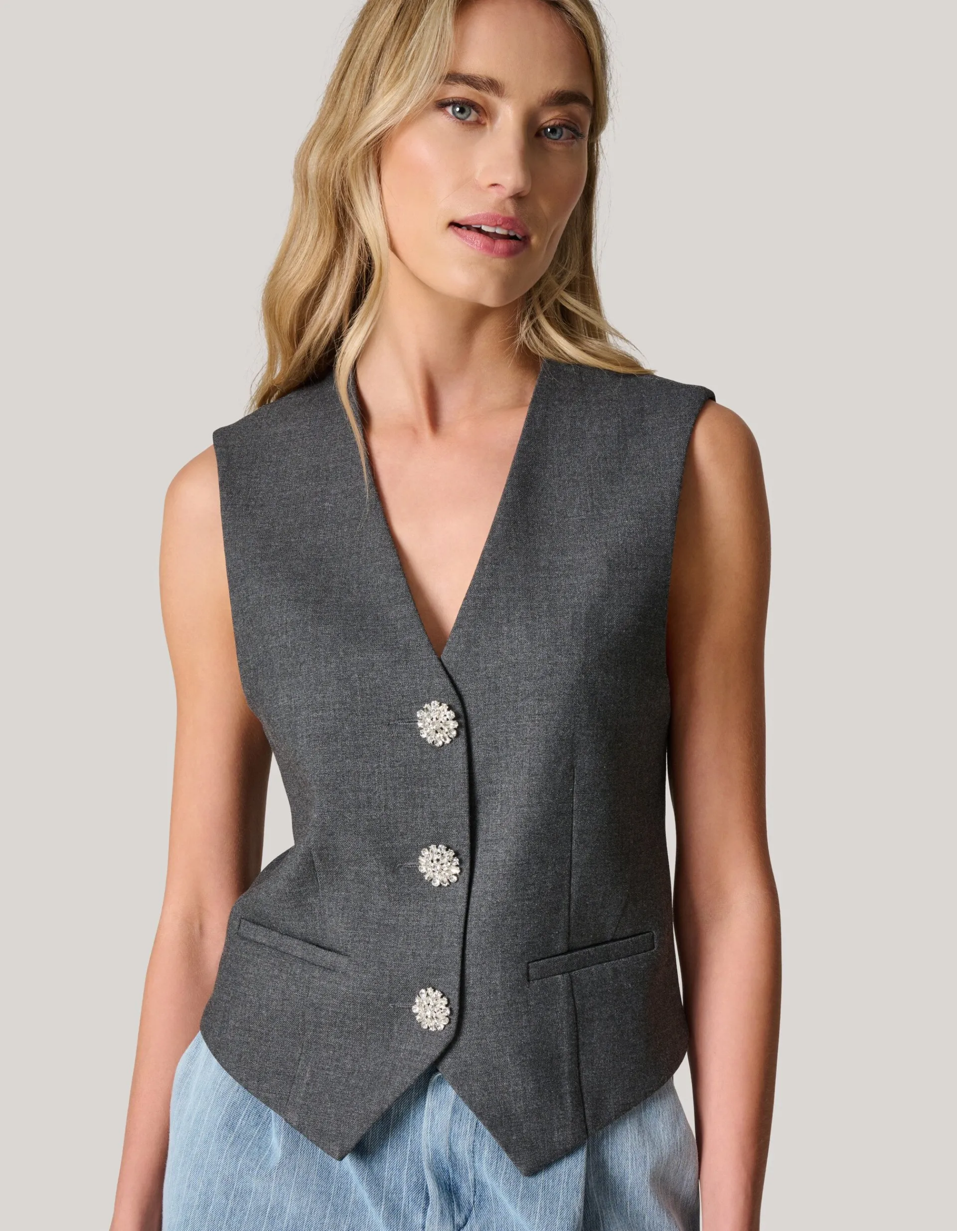 Shoeby Strass Knopen Gilet Grijs<DAMES Gilets
