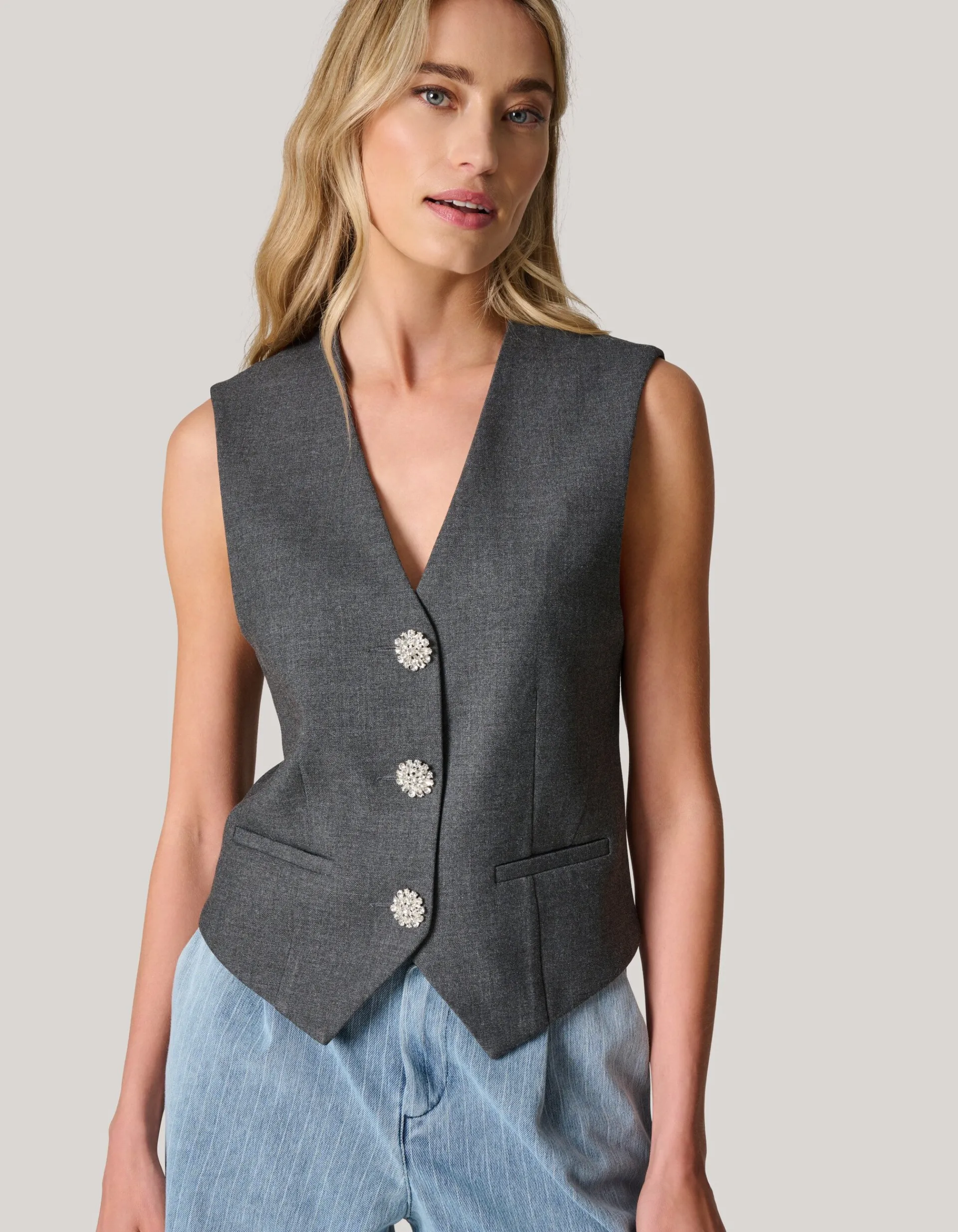 Shoeby Strass Knopen Gilet Grijs<DAMES Gilets