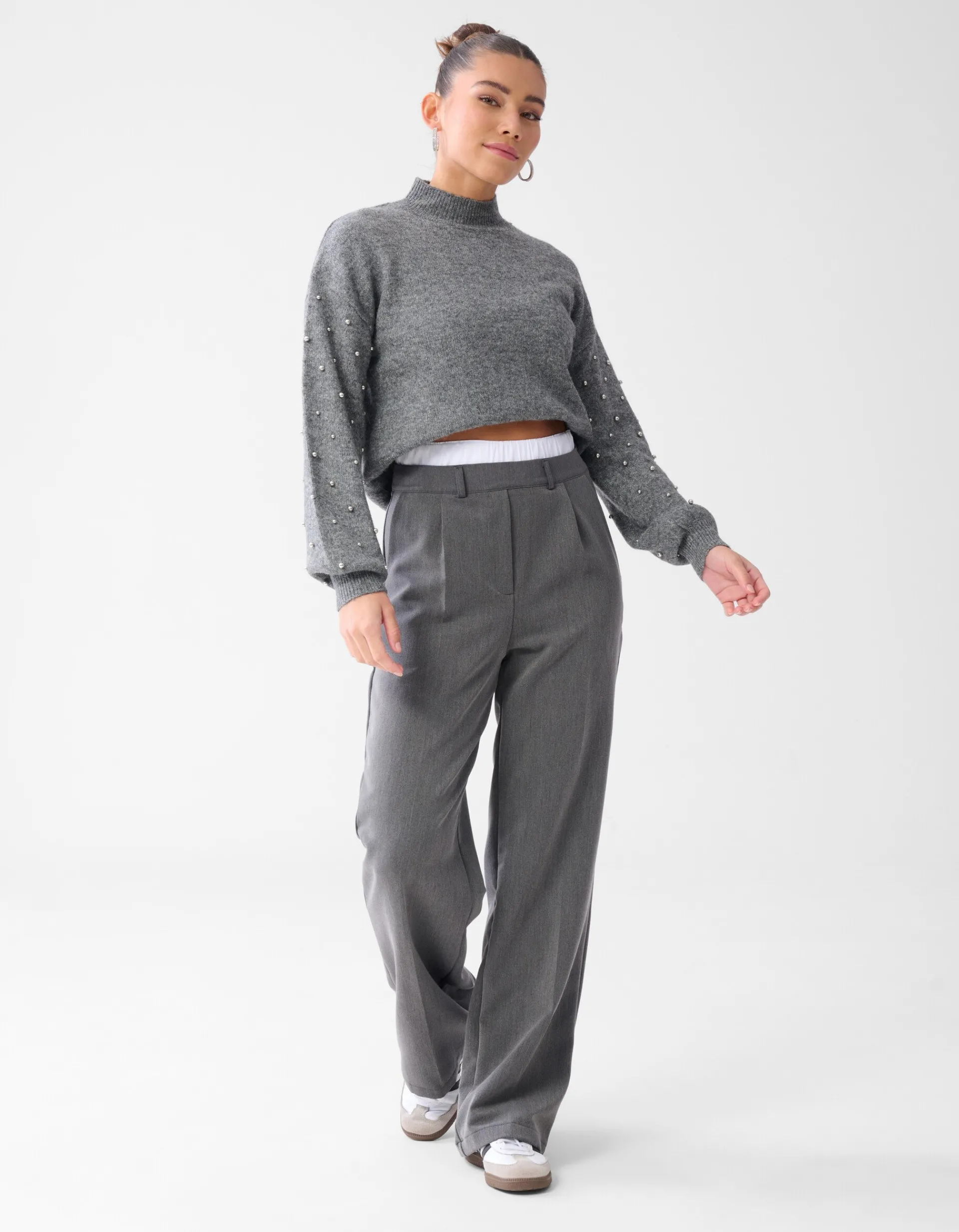 Shoeby Studded Sleeve Trui Grijs<DAMES Truien En Sweaters
