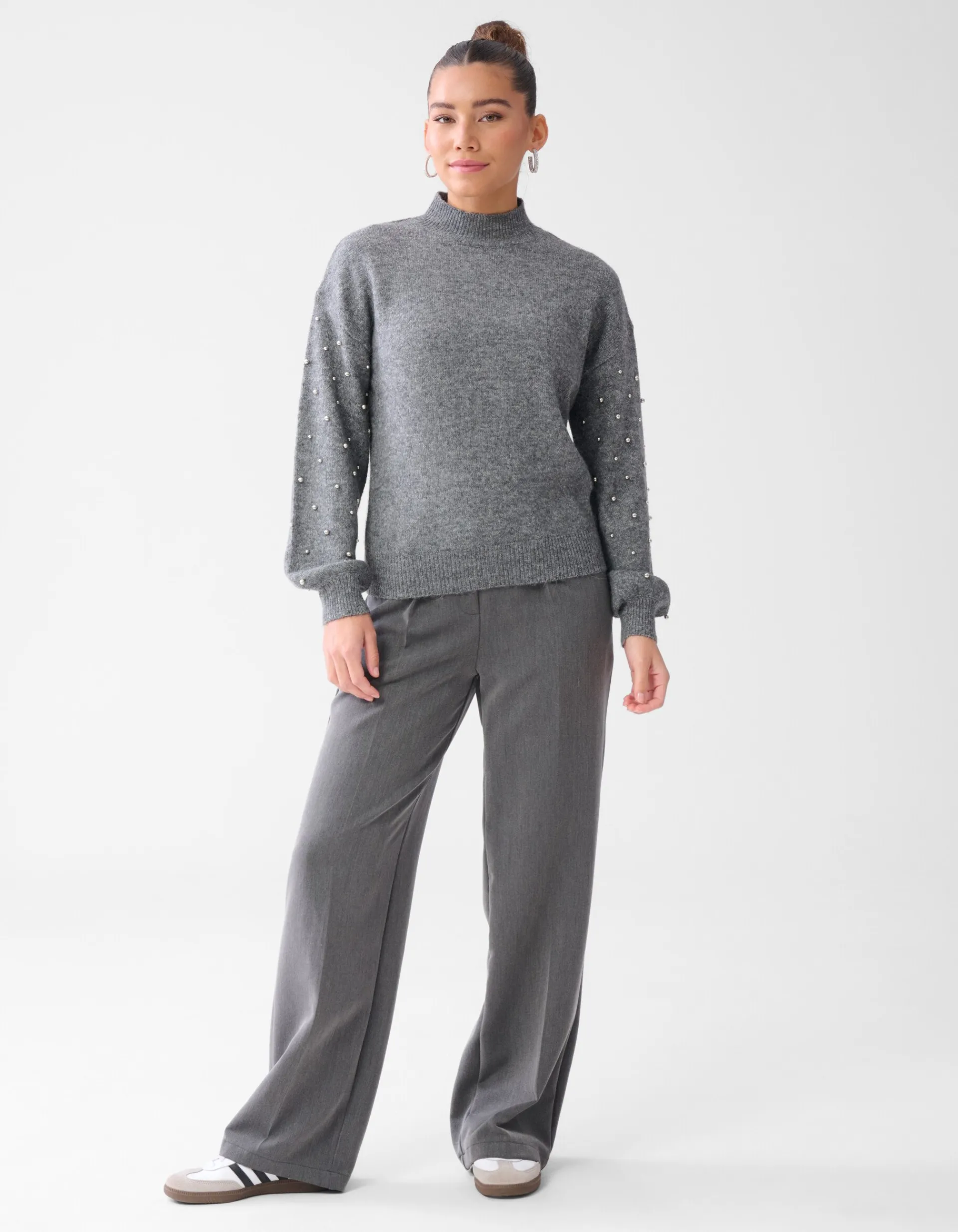Shoeby Studded Sleeve Trui Grijs<DAMES Truien En Sweaters