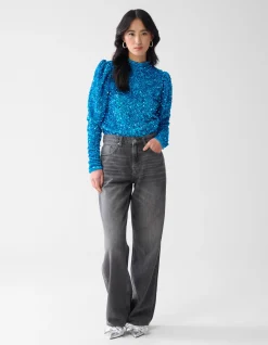 Shoeby Velvet Pailletten Top Blauw<DAMES Tops