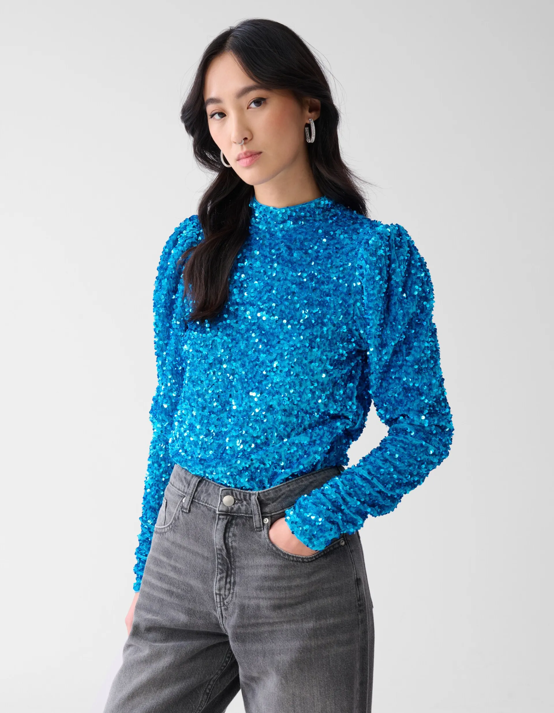Shoeby Velvet Pailletten Top Blauw<DAMES Tops