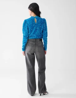 Shoeby Velvet Pailletten Top Blauw<DAMES Tops
