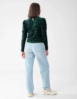 Shoeby Velvet Pailletten Top Donkergroen<DAMES Tops