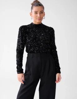 Shoeby Velvet Pailletten Top Zwart<DAMES Tops